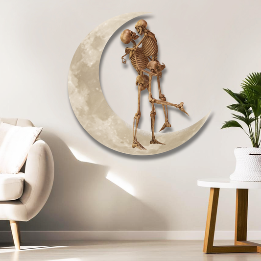 Skeleton Couple Kiss Halloween On The Moon Hanging Metal Sign Wall Sign