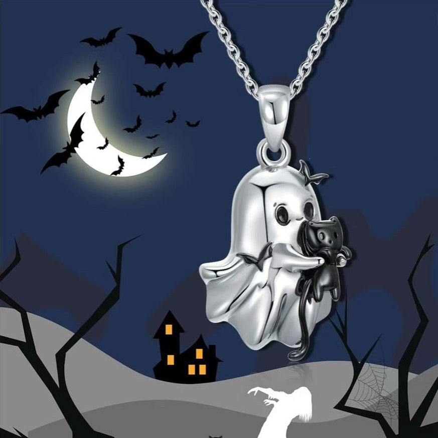 Cute Ghost Black Cat Pendant Necklace
