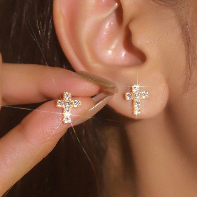 Simple zircon-set cross earrings