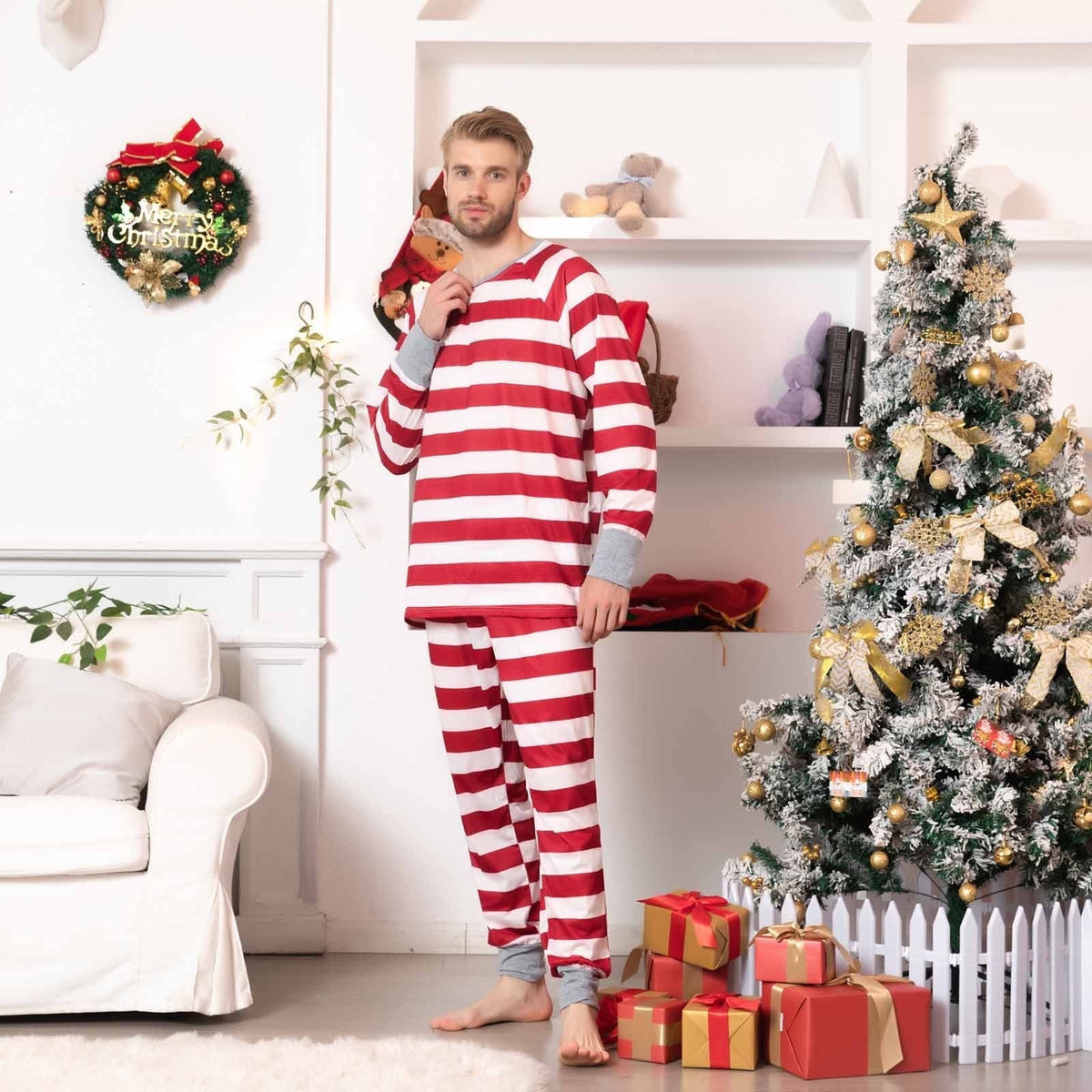 Holiday Red and White Striped Matching Family Christmas Pajamas-Dog Pajamas Included