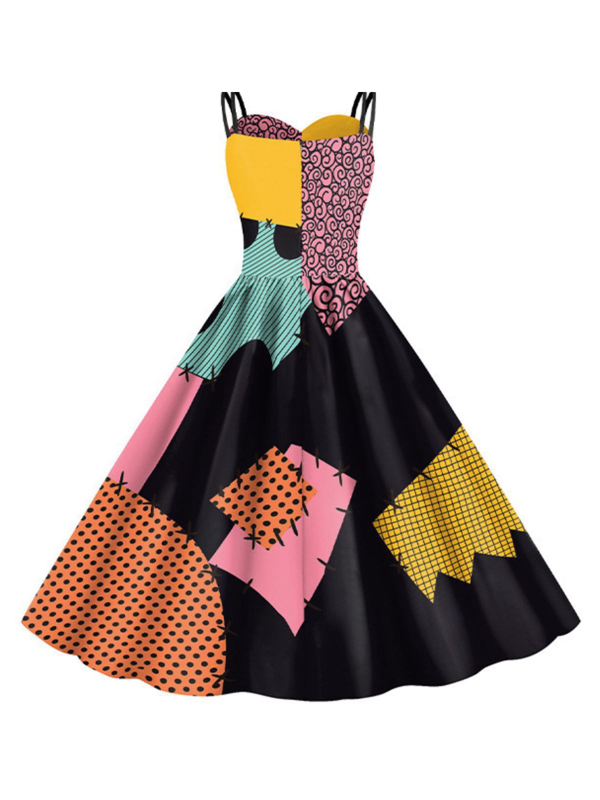 Multicolor 1950s Nightmare Before Christmas Sally Colorblock Dress