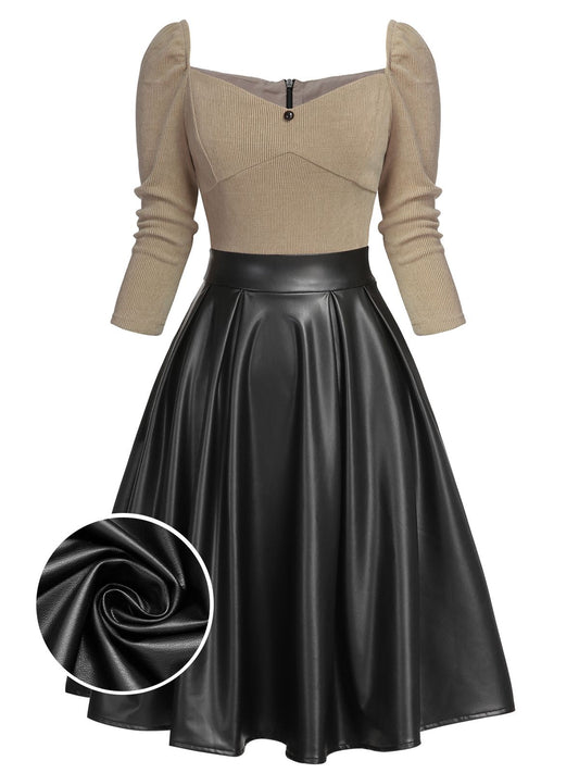 [US WAREHOUSE] Khaki 1950s Knitted Leather Patchwork Dress