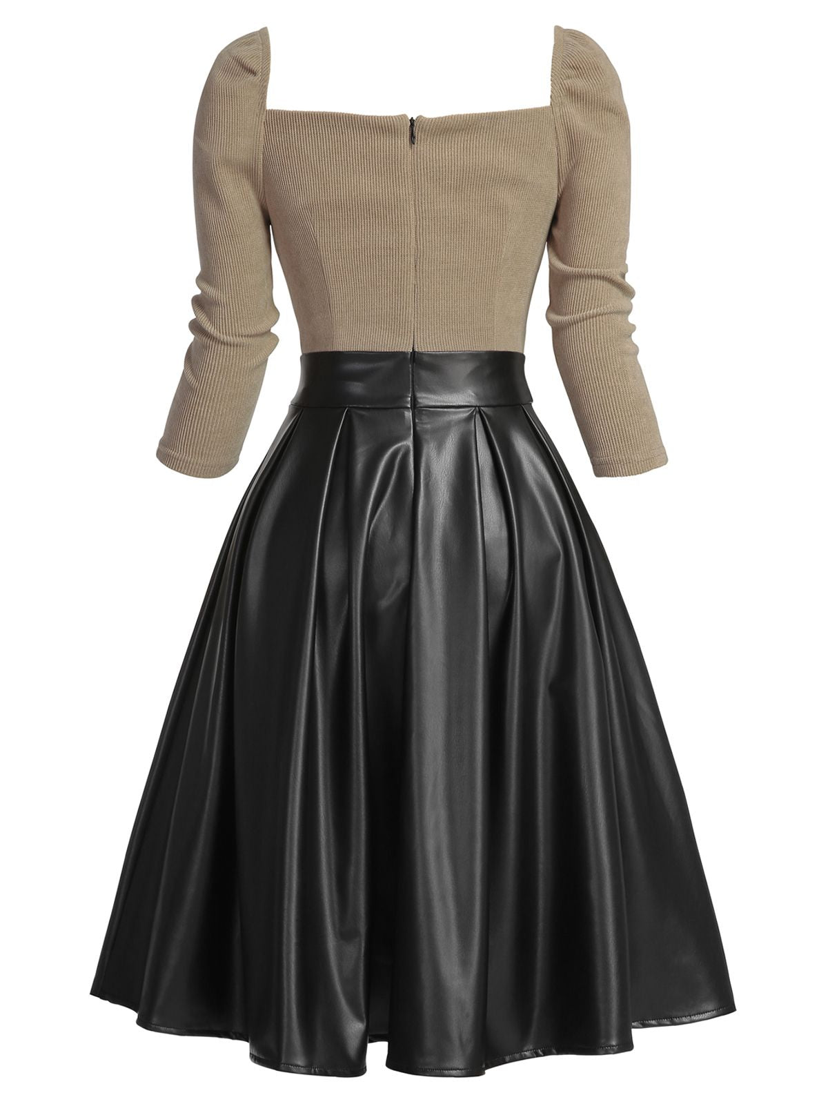 [US WAREHOUSE] Khaki 1950s Knitted Leather Patchwork Dress
