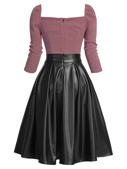 [US WAREHOUSE] Khaki 1950s Knitted Leather Patchwork Dress
