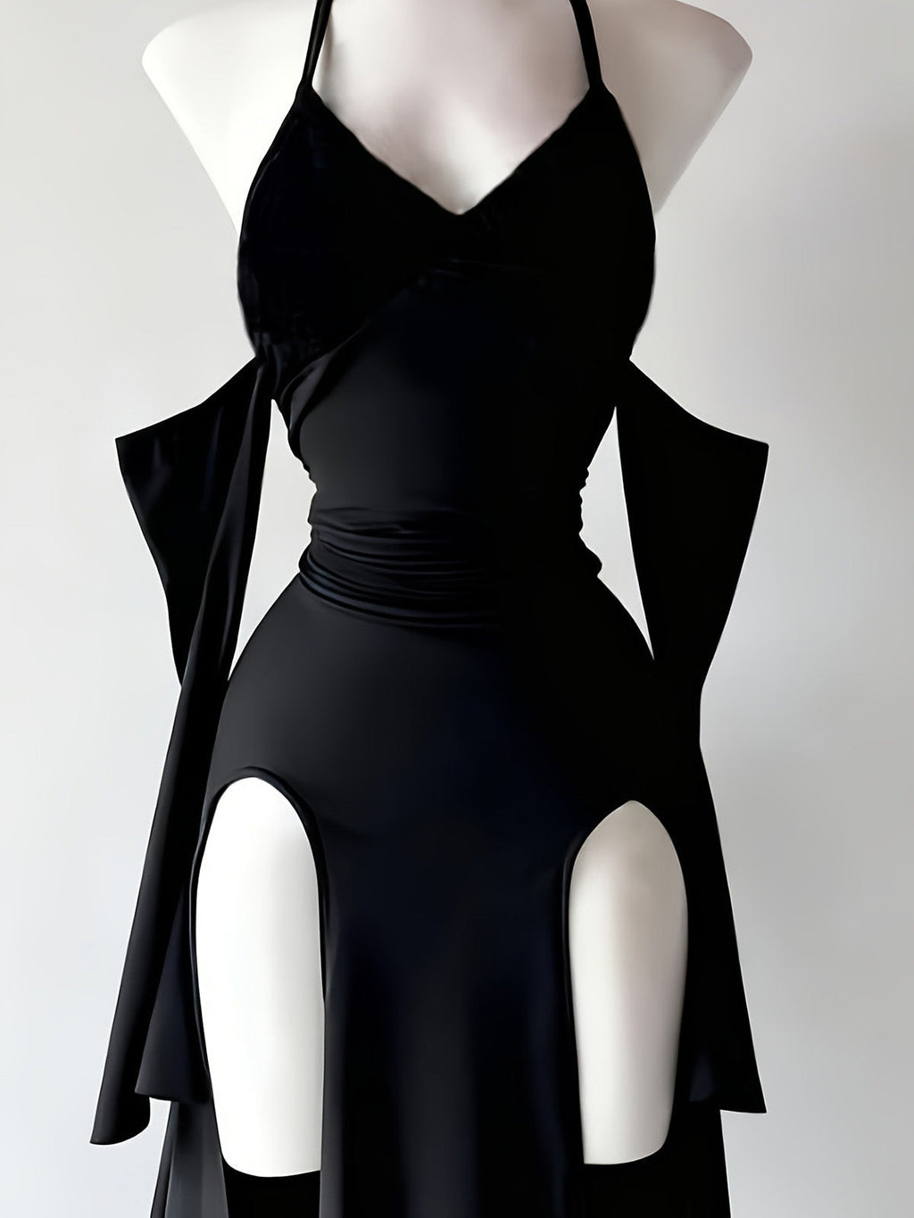 Black 1960s Gothic Halter Draped Sleeves High Slit Maxi Dress