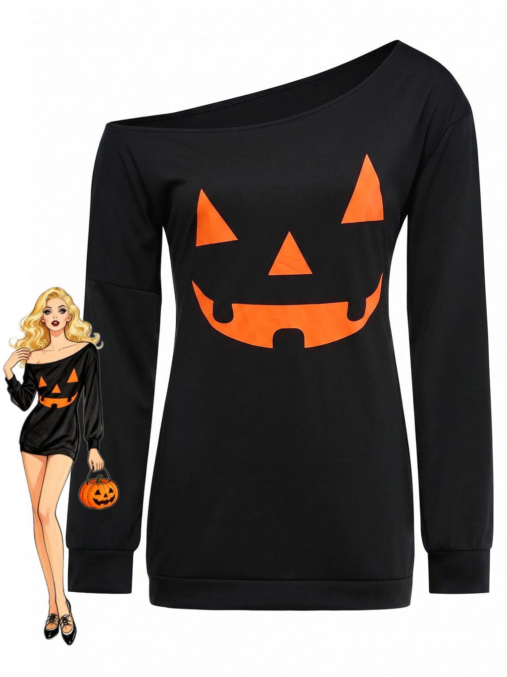 1960s Halloween One-Shoulder Pumpkin Face Dress