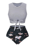 1970s Striped Waist Tie Floral Tankini Set
