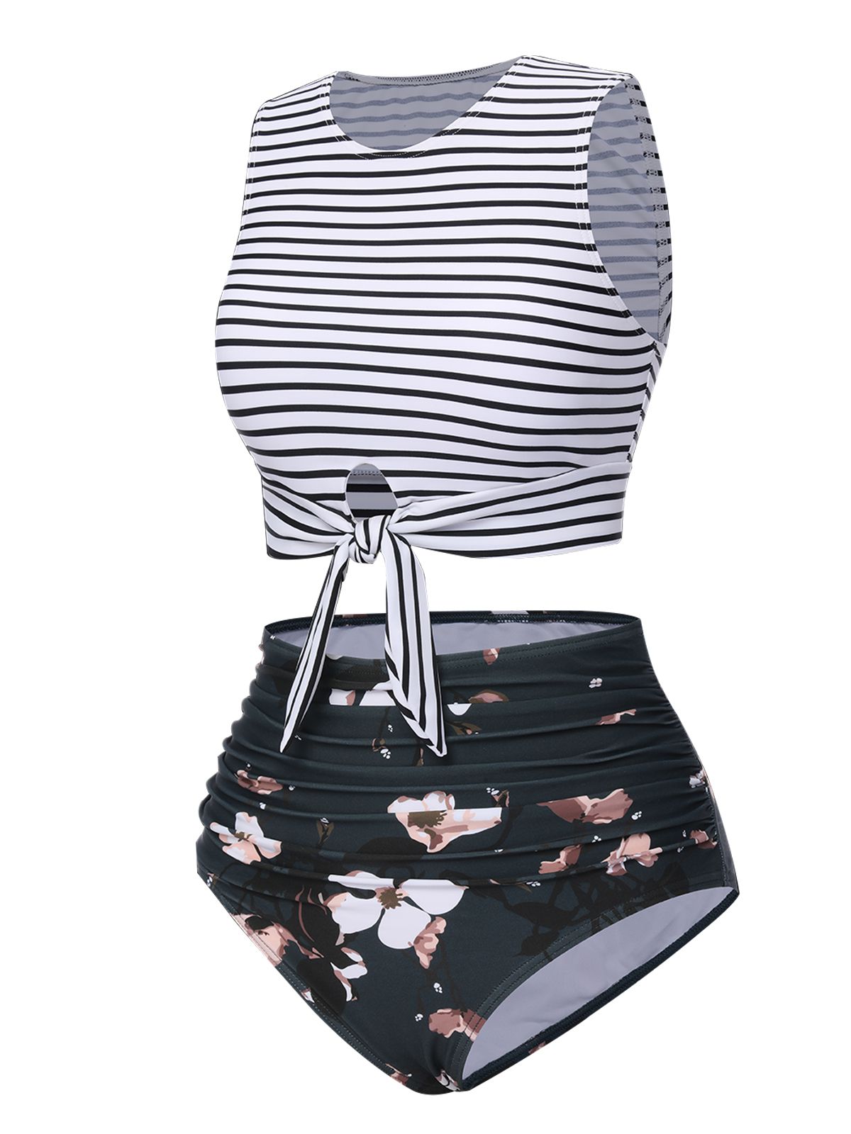 1970s Striped Waist Tie Floral Tankini Set