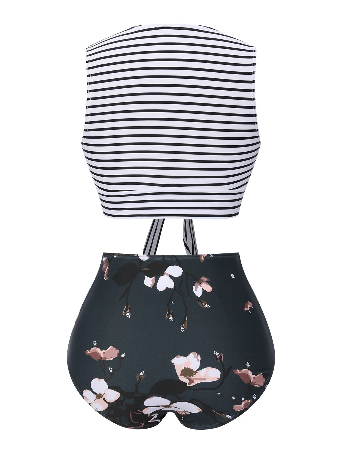1970s Striped Waist Tie Floral Tankini Set