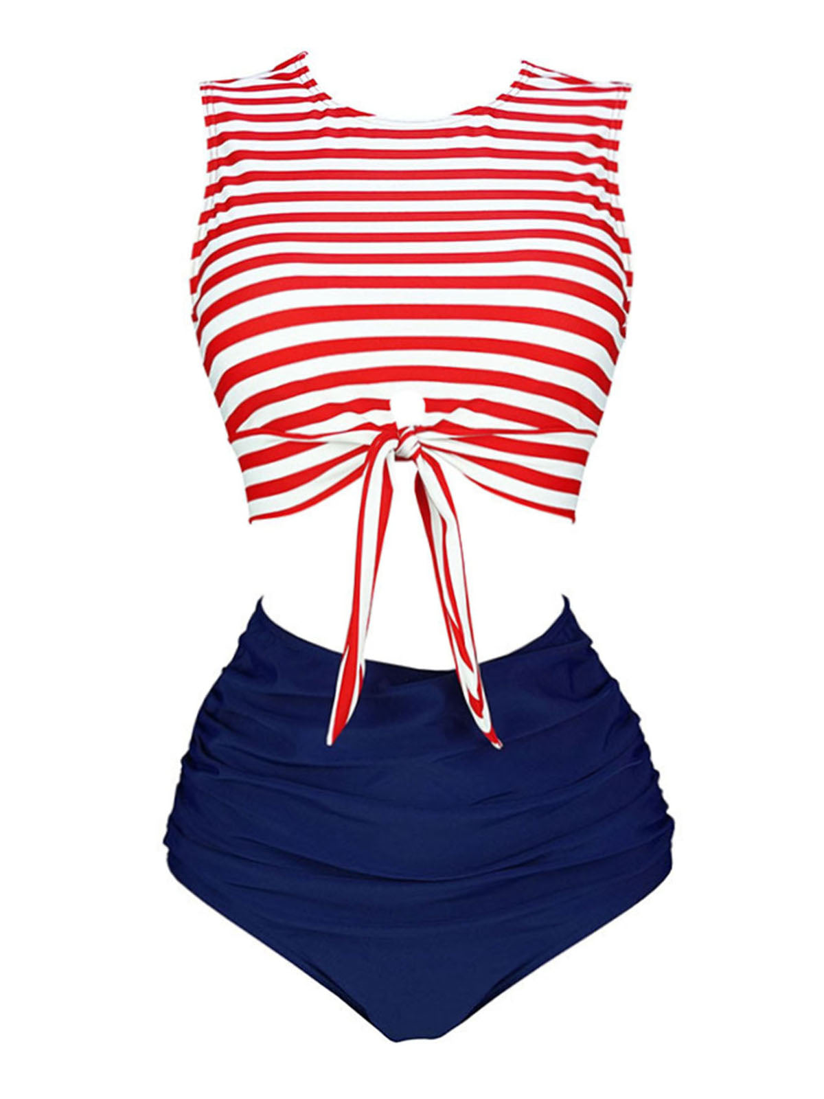 1970s Striped Waist Tie Floral Tankini Set