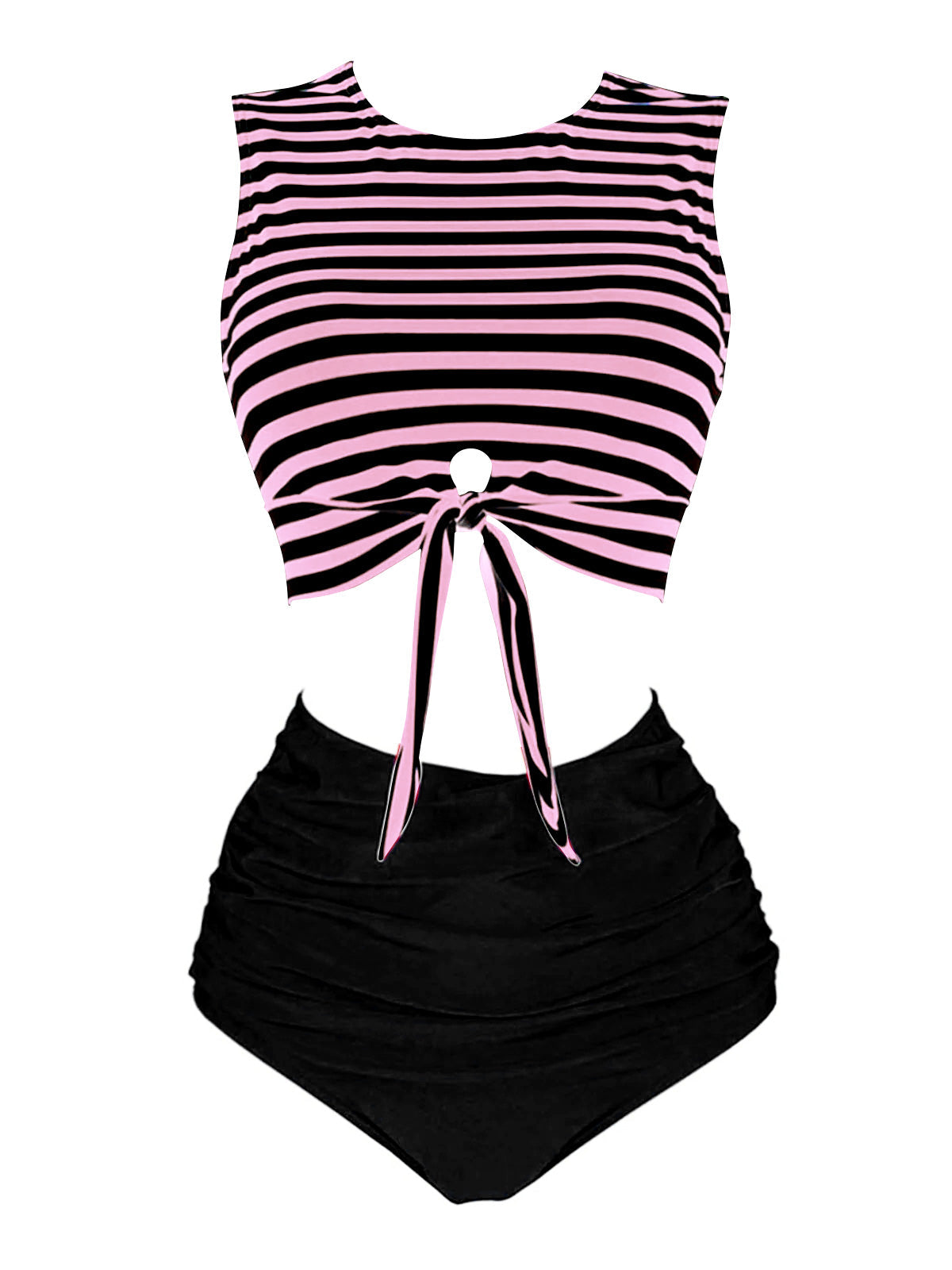 1970s Striped Waist Tie Floral Tankini Set
