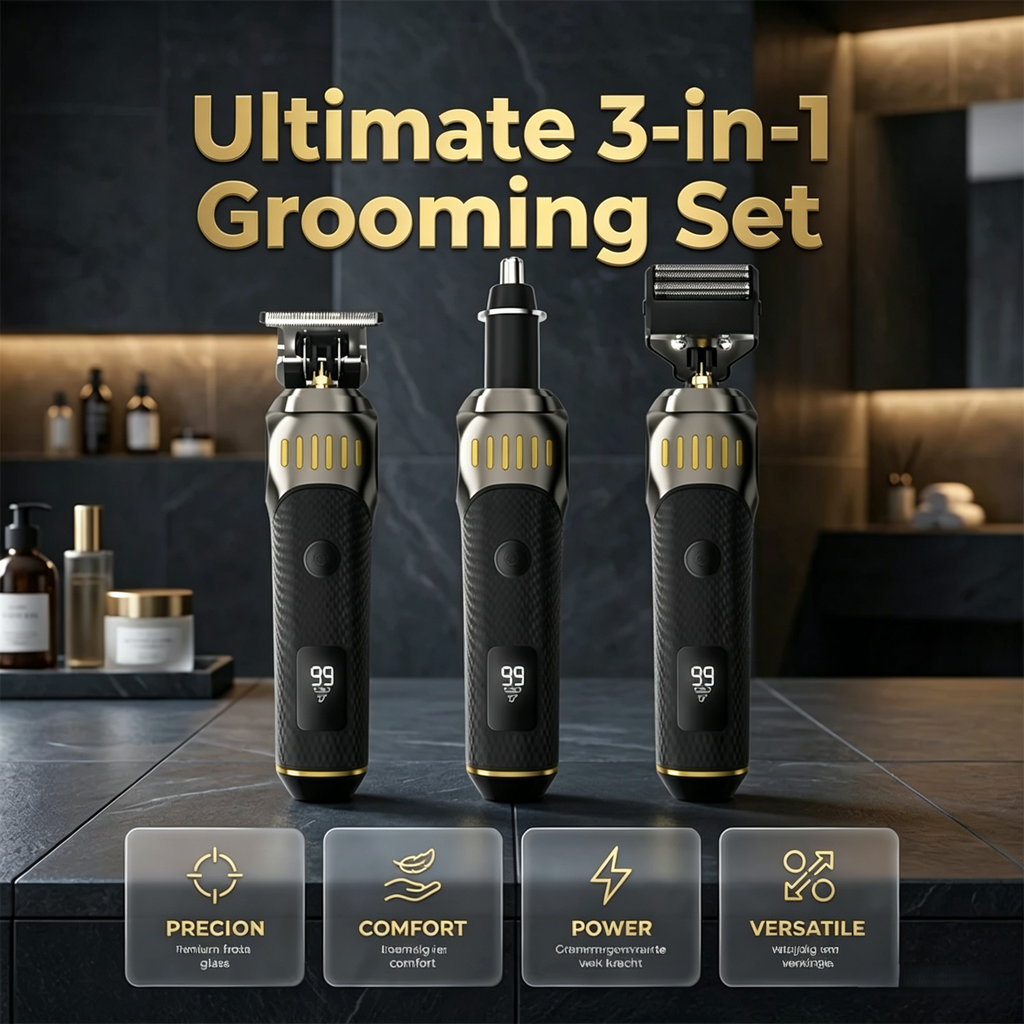 ⏳LIMITED TIME: 50% OFF! 🏆Luxe 3-in-1 Professional Men’s Grooming Set – T-Blade Trimmer, Foil Shaver & Nose Trimmer – With LED Display & USB Rechargeable