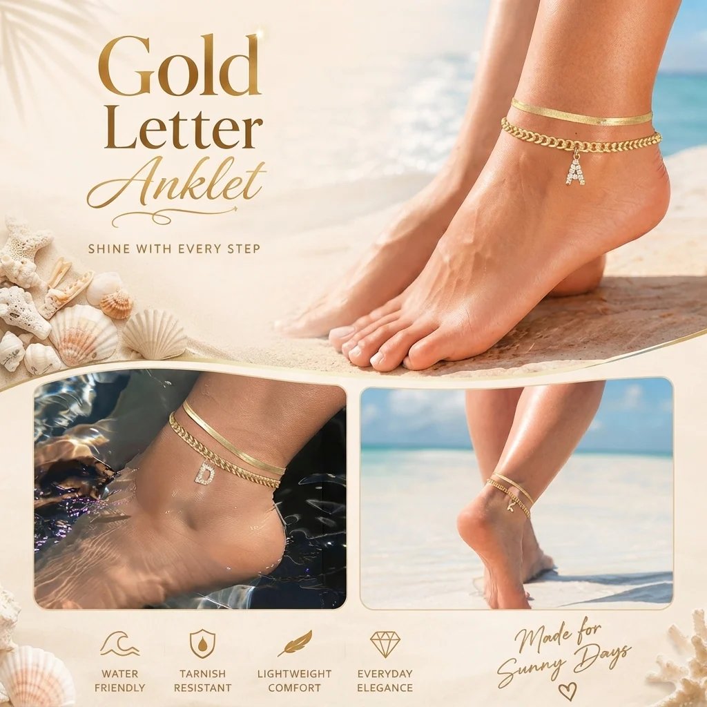 ✨ Gold Initial Anklet – 18K Gold Plated. Waterproof Adjustable Letter Pendant. Stackable Beach Jewelry