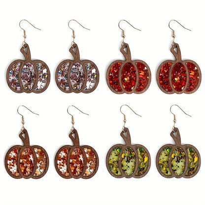 Halloween Wooden Glitter Pumpkin Earrings