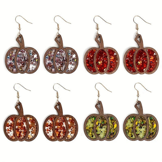 Halloween Wooden Glitter Pumpkin Earrings