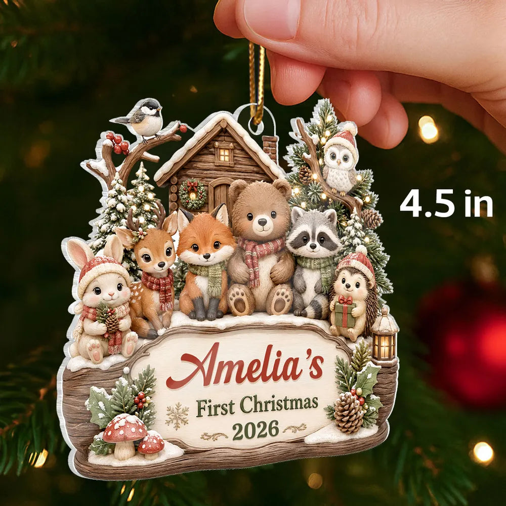 Personalized Acrylic Ornament, Woodland Animals by a Snowy Cabin, Unique Creative Gift for New Parents