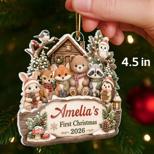 Personalized Acrylic Ornament, Woodland Animals by a Snowy Cabin, Unique Creative Gift for New Parents