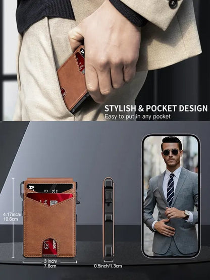 🔥 Last Day 49% OFF -🔥 Slim Wallet for Men with Pop-Up Aluminum Case. RFID Blocking & Money Clip | Minimalist Leather Bifold Card Holder