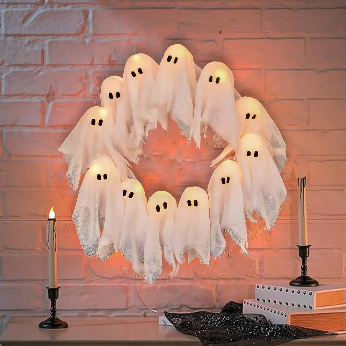 🎃👻💀 LED Ghost Wreath – Halloween Glowing Ghost Wreath
