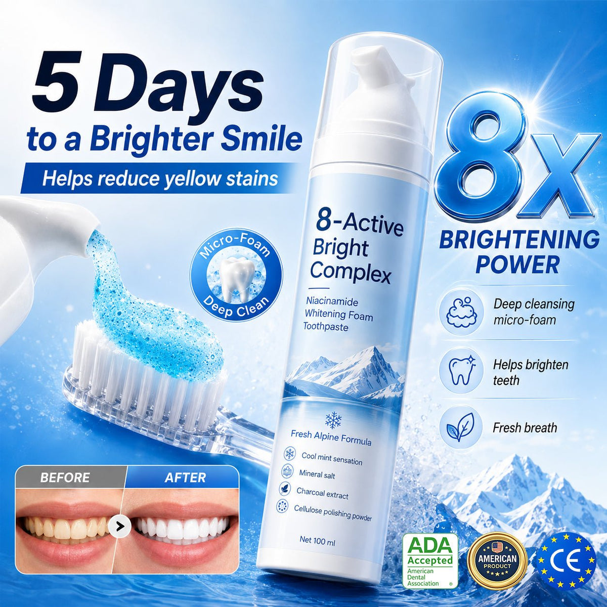 Dr.ville 8X Niacinamide Foaming Whitening Toothpaste 8X - Fresh Breath Stain Removal Gentle Teeth Cleaning 100ml-D