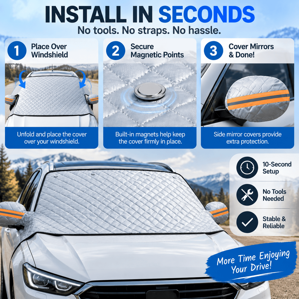 Magnetic Windshield Cover – All-Season Sun. Snow & Frost Protector for Cars. SUVs & Trucks