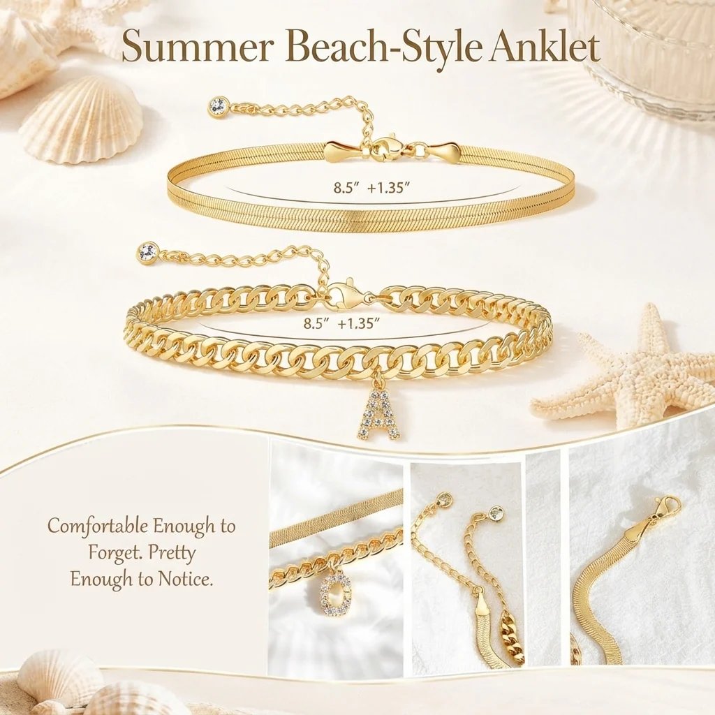 ✨ Gold Initial Anklet – 18K Gold Plated. Waterproof Adjustable Letter Pendant. Stackable Beach Jewelry