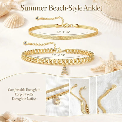 ✨ Gold Initial Anklet – 18K Gold Plated. Waterproof Adjustable Letter Pendant. Stackable Beach Jewelry