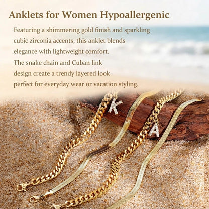 ✨ Gold Initial Anklet – 18K Gold Plated. Waterproof Adjustable Letter Pendant. Stackable Beach Jewelry