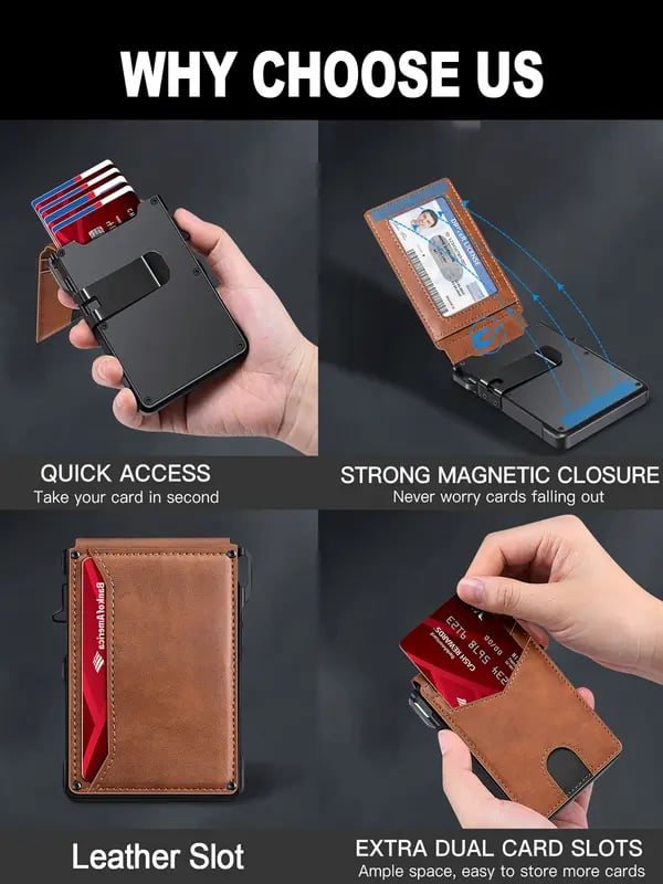 🔥 Last Day 49% OFF -🔥 Slim Wallet for Men with Pop-Up Aluminum Case. RFID Blocking & Money Clip | Minimalist Leather Bifold Card Holder