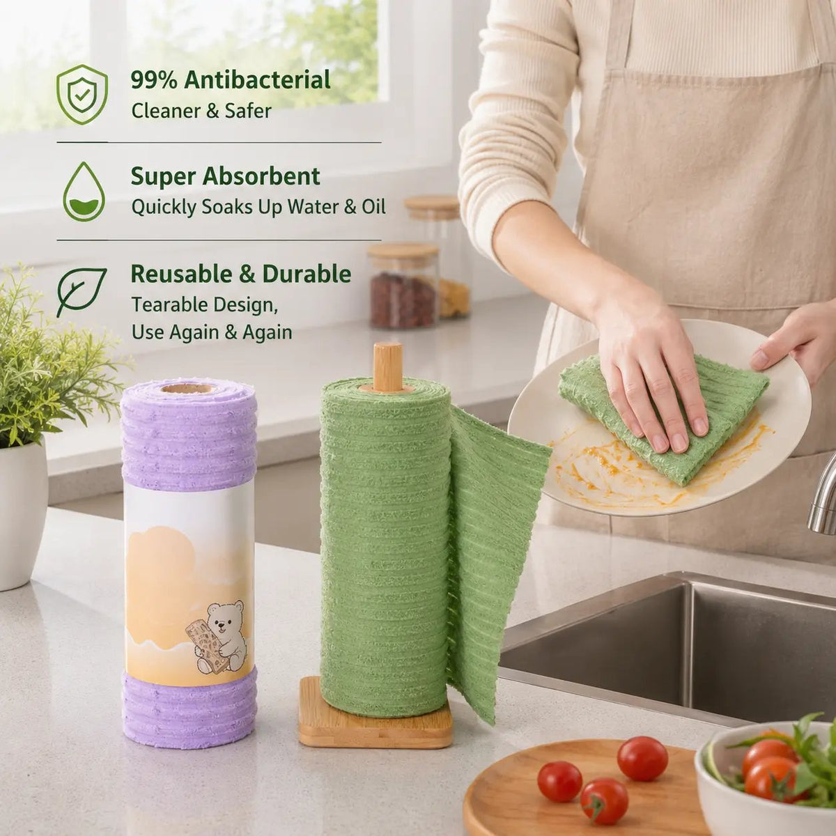 Tearable Reusable Plush Cleaning Cloth Roll, Washable Absorbent Household Cleaning Towels