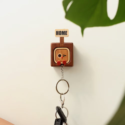 Wooden Key Holder with Funny Face Expression – HOME/OUT Toggle, Wall-Mounted, 3 Styles