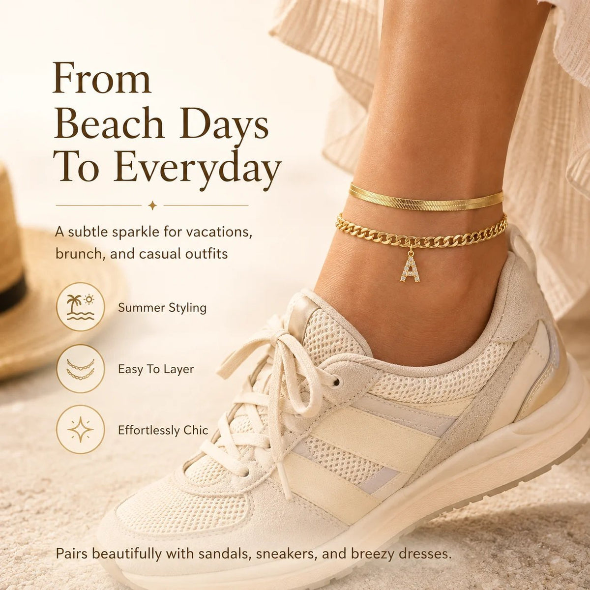 ✨ Gold Initial Anklet – 18K Gold Plated. Waterproof Adjustable Letter Pendant. Stackable Beach Jewelry