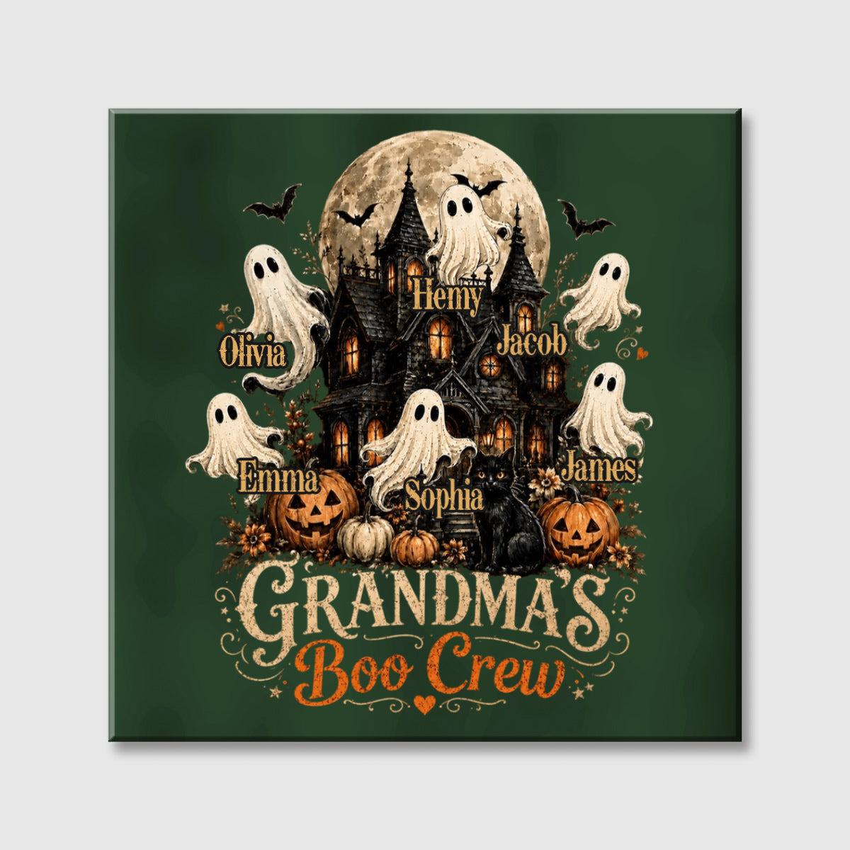 Grandma's Boo Crew Personalized Halloween Square Canvas for Grandmother - Custom Kids Name Ghost Wall Art Decor