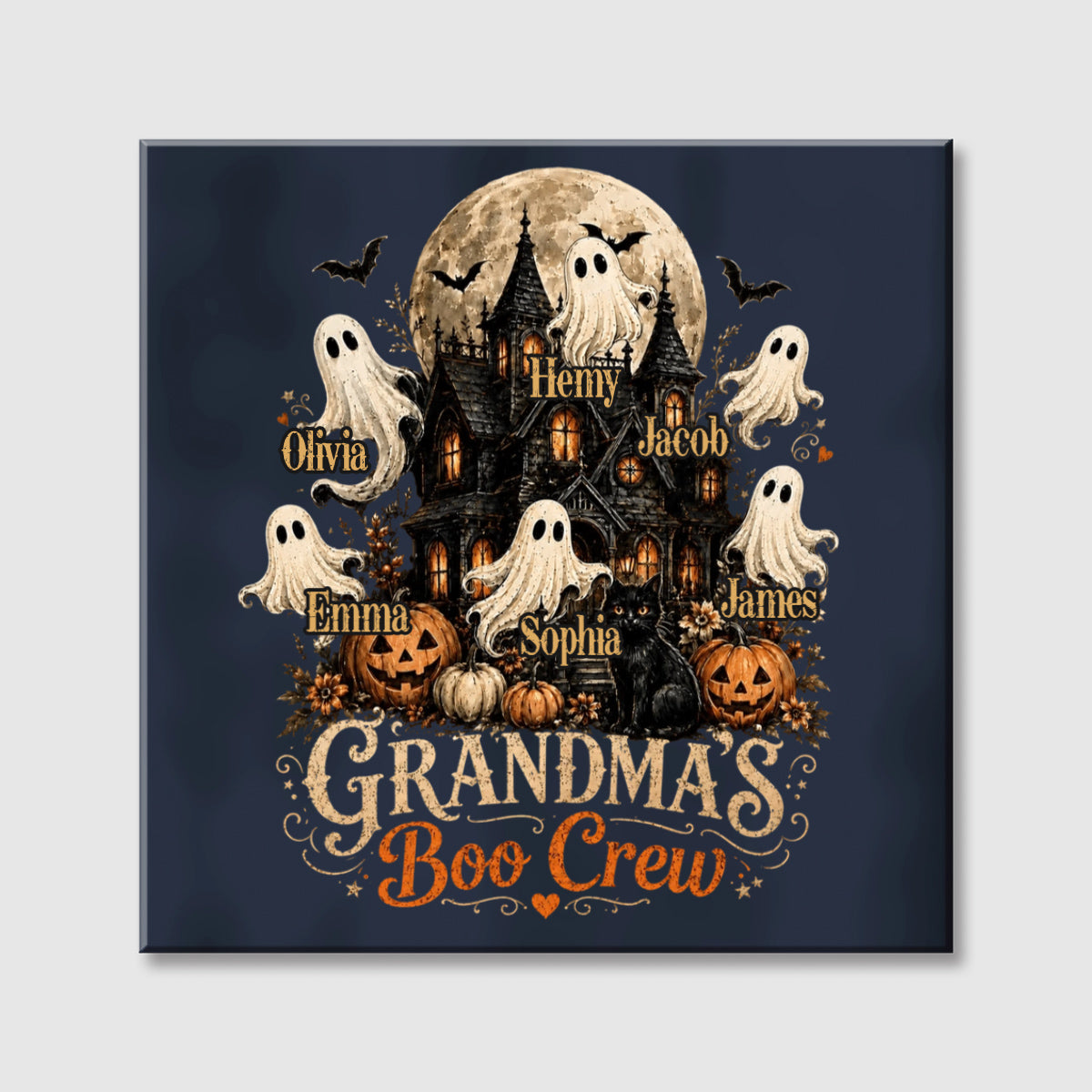 Grandma's Boo Crew Personalized Halloween Square Canvas for Grandmother - Custom Kids Name Ghost Wall Art Decor