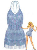 Blue 1960s Halter Sequins Tassel Romper