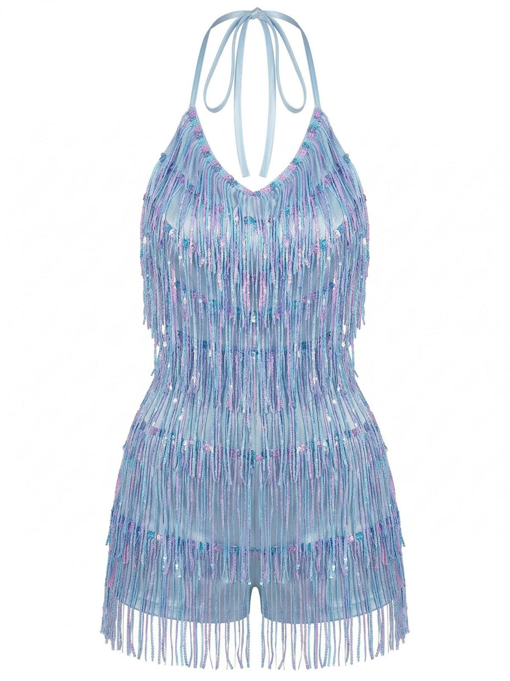 Blue 1960s Halter Sequins Tassel Romper
