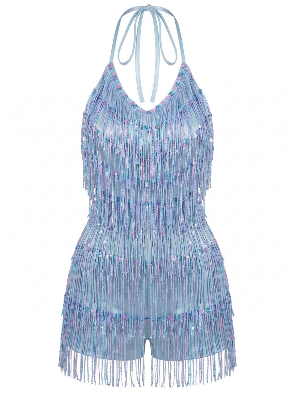 Blue 1960s Halter Sequins Tassel Romper