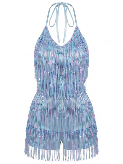 Blue 1960s Halter Sequins Tassel Romper