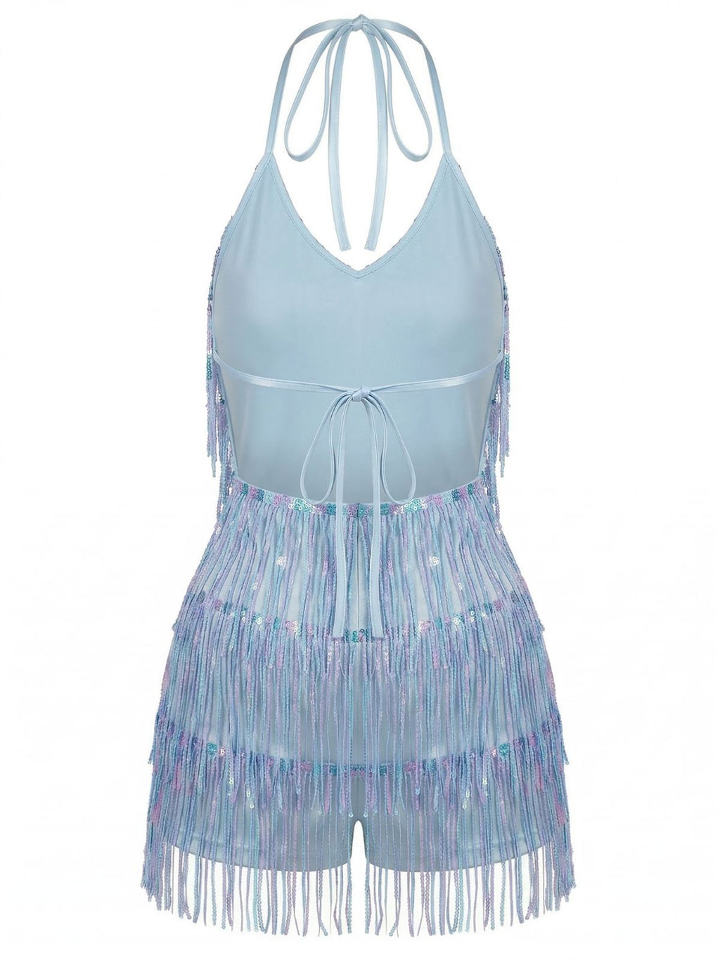 Blue 1960s Halter Sequins Tassel Romper