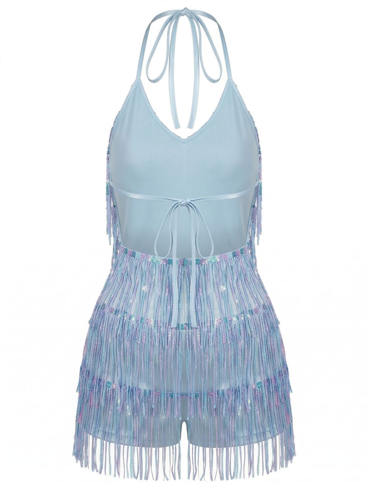 Blue 1960s Halter Sequins Tassel Romper