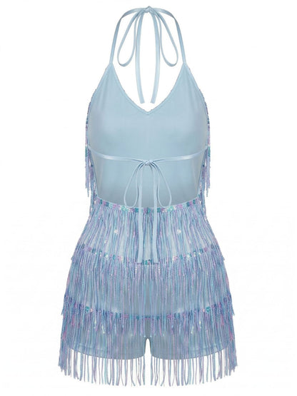 Blue 1960s Halter Sequins Tassel Romper