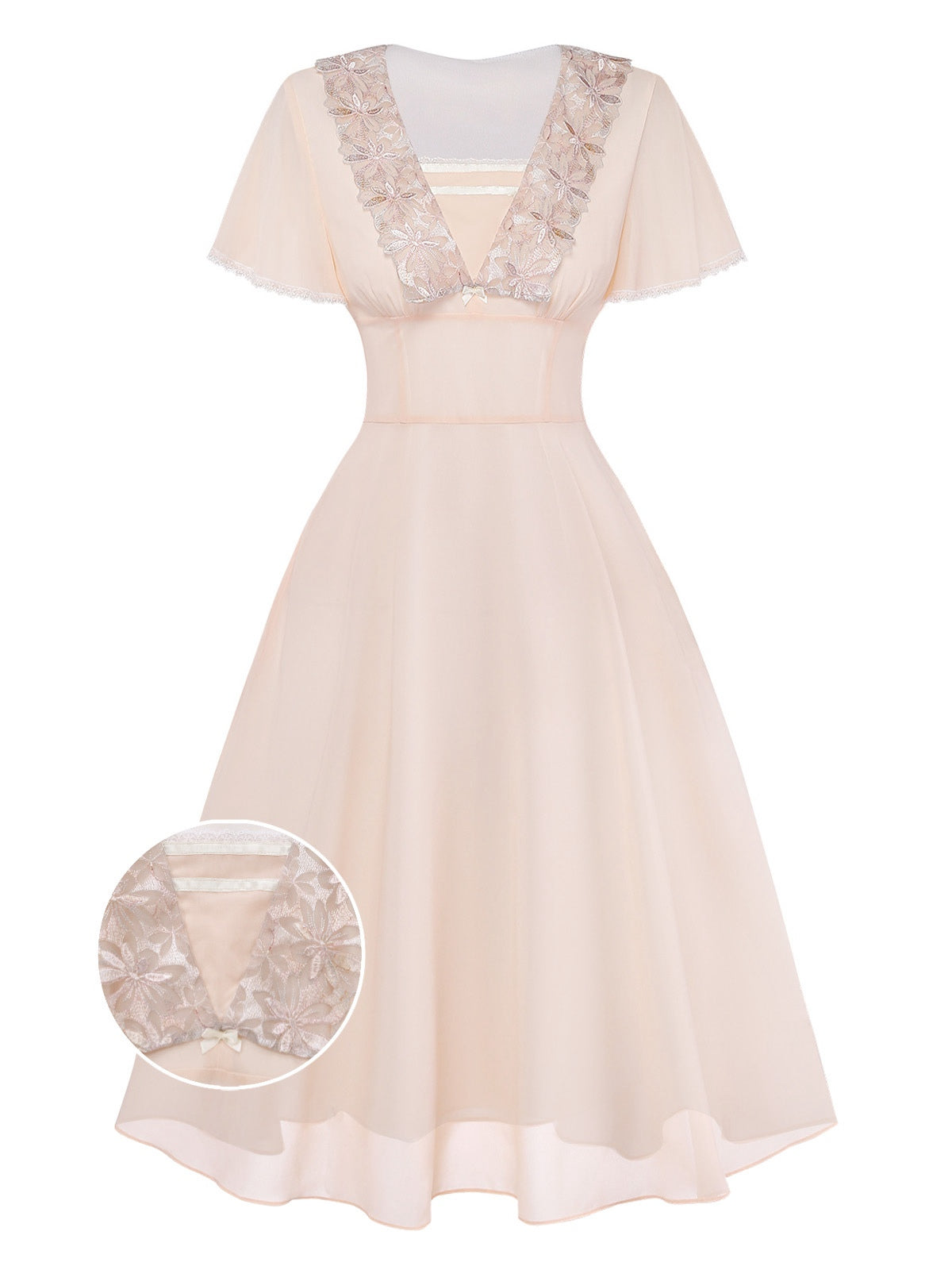 [Pre-Sale] Champagne 1950s Lace Chiffon Ruffle Sleeve Evening Dress