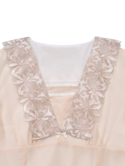 [Pre-Sale] Champagne 1950s Lace Chiffon Ruffle Sleeve Evening Dress