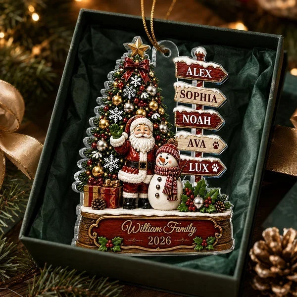Personalized Acrylic Ornament with Santa, Snowman & Family Signpost, Unique Christmas Gift for Family