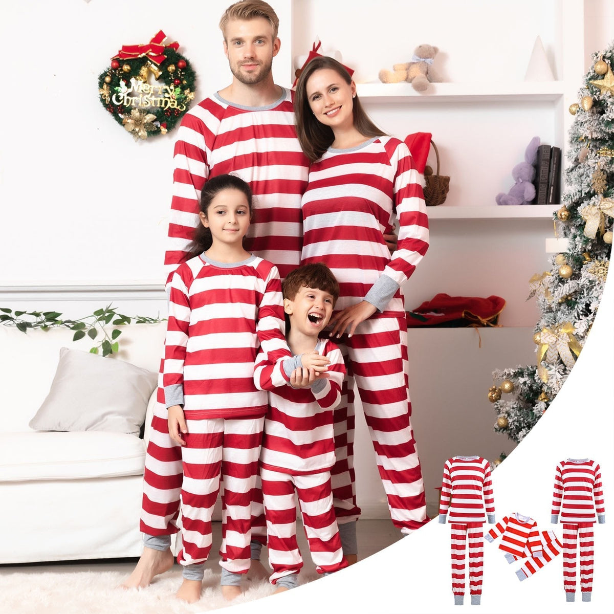 Holiday Red and White Striped Matching Family Christmas Pajamas-Dog Pajamas Included