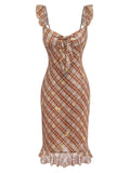 [Pre-Sale] Light Brown 1960s Ruffle Plaid Lemon Pencil Dress