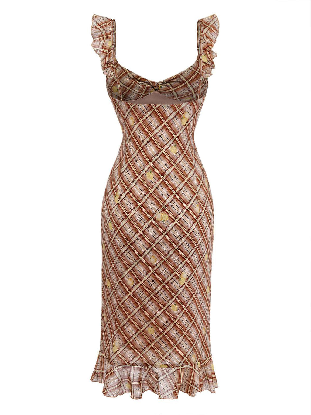 [Pre-Sale] Light Brown 1960s Ruffle Plaid Lemon Pencil Dress