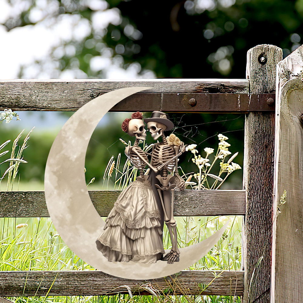Skeleton Couple On The Moon Skull Lover Valentine's Day Hanging Metal Sign