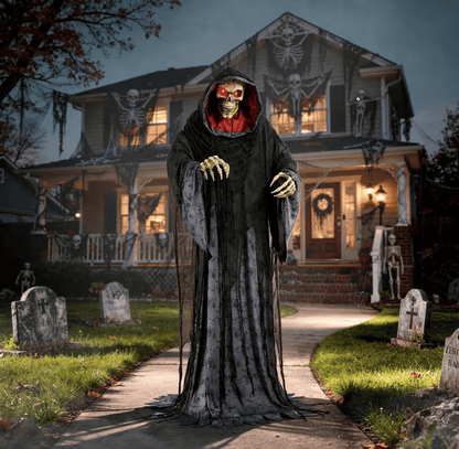 Rising Skeleton Reaper in Hooded Cloak Halloween Animatronic Decoration