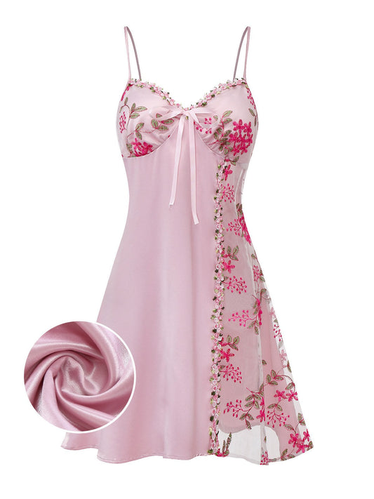 [Pre-Sale] Pink 1950s Embroidered Floral Mesh Satin Nightgown